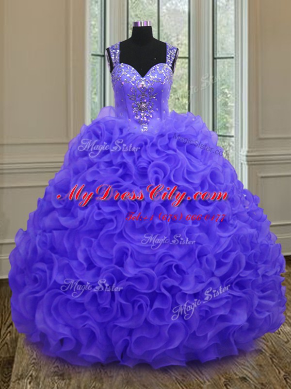 Low Price Straps Purple Sleeveless Floor Length Beading and Ruffles Zipper Quinceanera Gowns