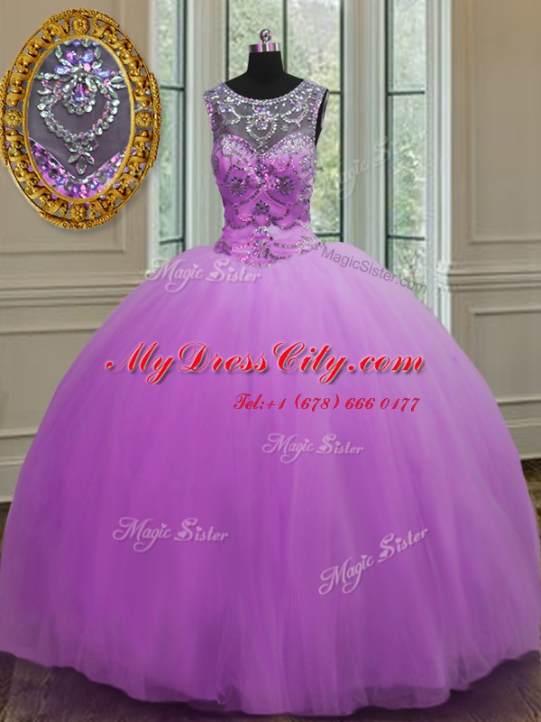 Comfortable Purple Ball Gowns Halter Top Sleeveless Tulle Floor Length Lace Up Beading Sweet 16 Quinceanera Dress