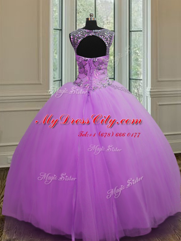 Comfortable Purple Ball Gowns Halter Top Sleeveless Tulle Floor Length Lace Up Beading Sweet 16 Quinceanera Dress