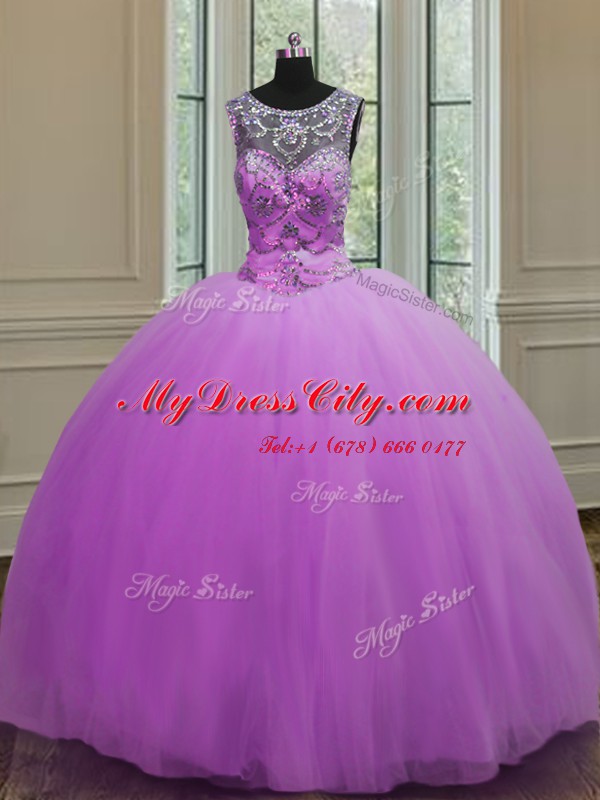 Comfortable Purple Ball Gowns Halter Top Sleeveless Tulle Floor Length Lace Up Beading Sweet 16 Quinceanera Dress