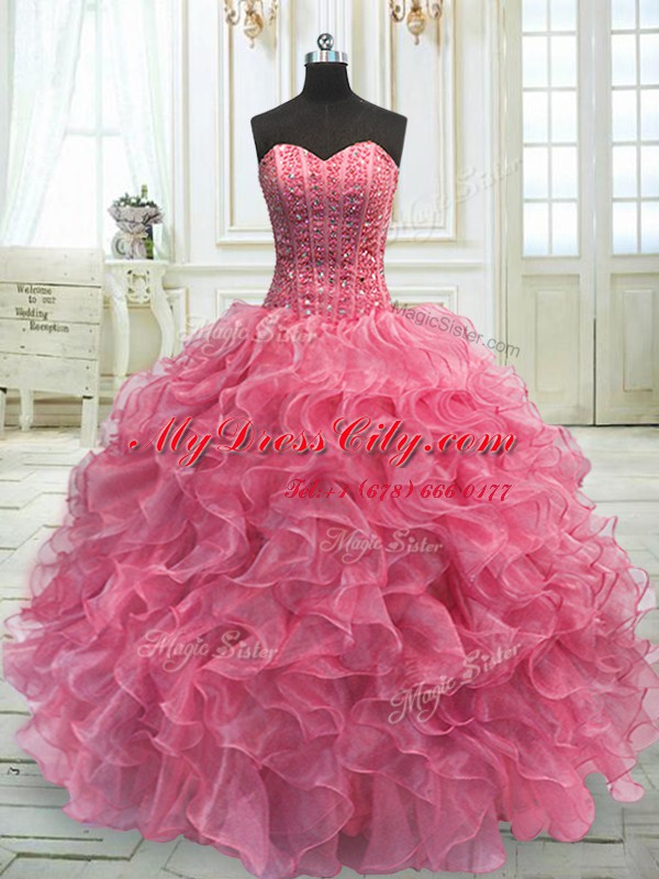 Modern Rose Pink 15th Birthday Dress Military Ball and Sweet 16 and Quinceanera and For with Beading and Ruffles Sweetheart Sleeveless Lace Up