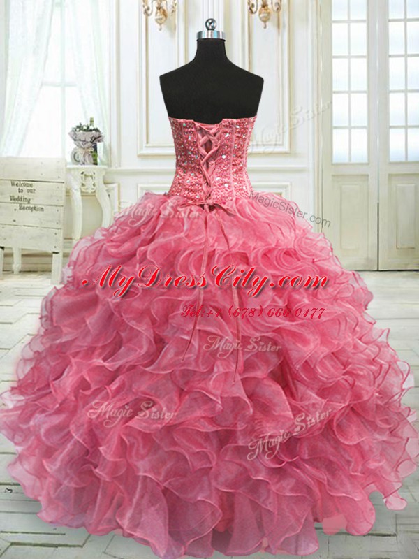 Modern Rose Pink 15th Birthday Dress Military Ball and Sweet 16 and Quinceanera and For with Beading and Ruffles Sweetheart Sleeveless Lace Up