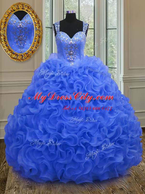 High Quality Royal Blue Ball Gowns Straps Sleeveless Organza Floor Length Zipper Beading and Ruffles Sweet 16 Dress