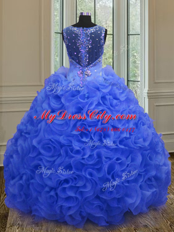 High Quality Royal Blue Ball Gowns Straps Sleeveless Organza Floor Length Zipper Beading and Ruffles Sweet 16 Dress