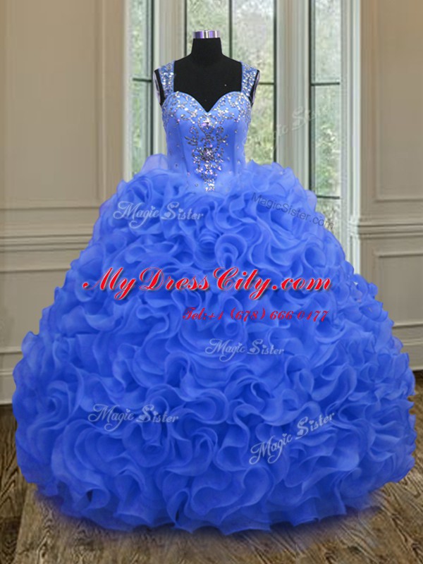 High Quality Royal Blue Ball Gowns Straps Sleeveless Organza Floor Length Zipper Beading and Ruffles Sweet 16 Dress