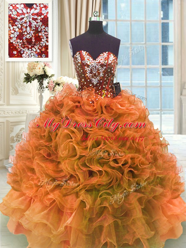 Admirable Orange Lace Up 15th Birthday Dress Ruffles Sleeveless Floor Length