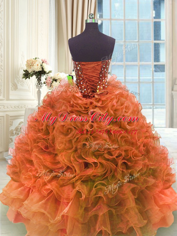 Admirable Orange Lace Up 15th Birthday Dress Ruffles Sleeveless Floor Length