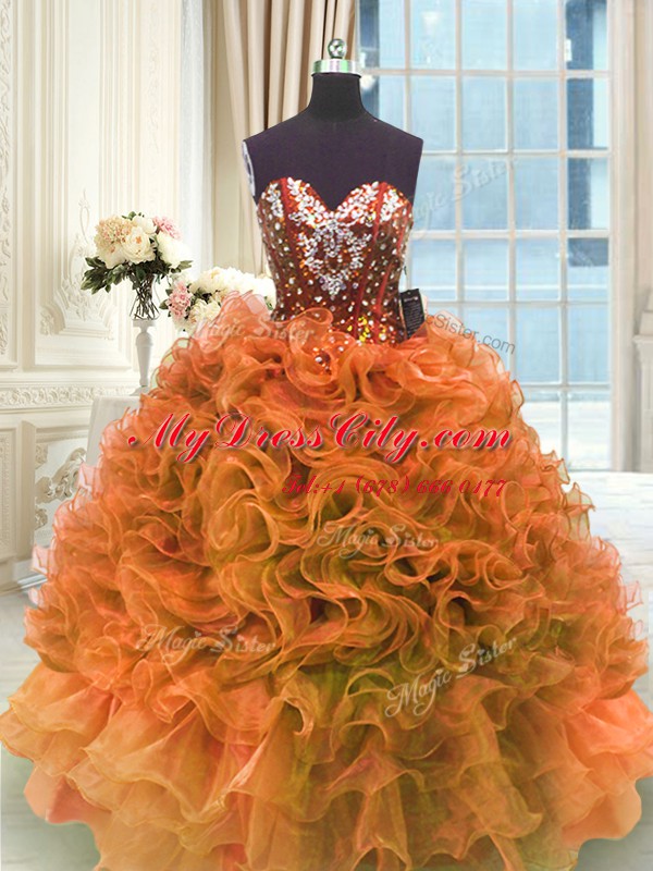 Admirable Orange Lace Up 15th Birthday Dress Ruffles Sleeveless Floor Length