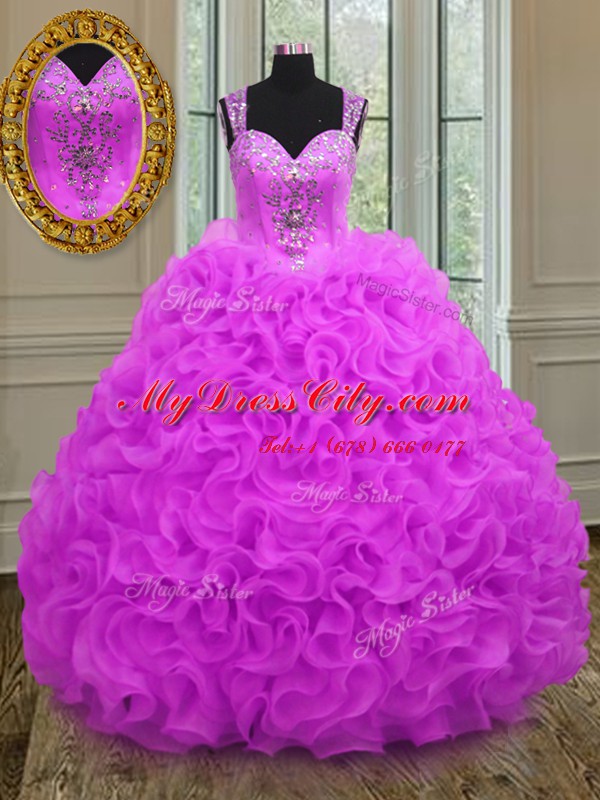 Spectacular Fuchsia Ball Gowns Straps Sleeveless Organza Floor Length Lace Up Beading and Ruffles Quinceanera Gowns