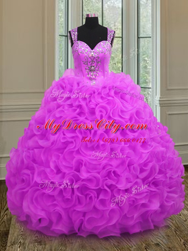 Spectacular Fuchsia Ball Gowns Straps Sleeveless Organza Floor Length Lace Up Beading and Ruffles Quinceanera Gowns