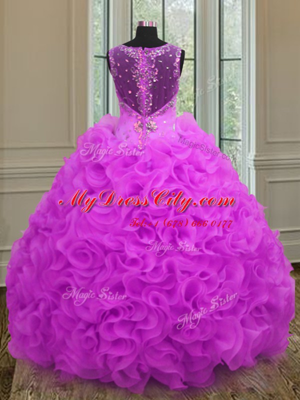 Spectacular Fuchsia Ball Gowns Straps Sleeveless Organza Floor Length Lace Up Beading and Ruffles Quinceanera Gowns