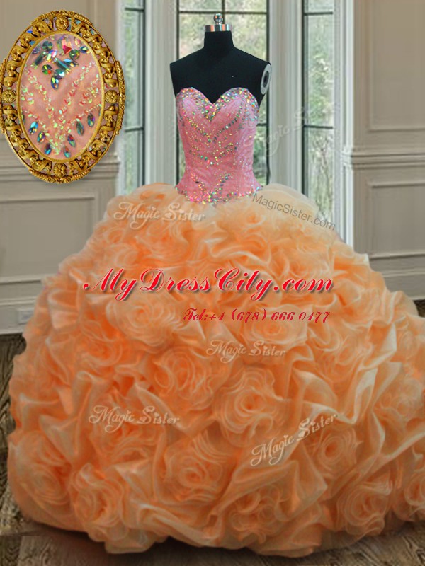 Dramatic Floor Length Orange Sweet 16 Dresses Organza Sleeveless Beading