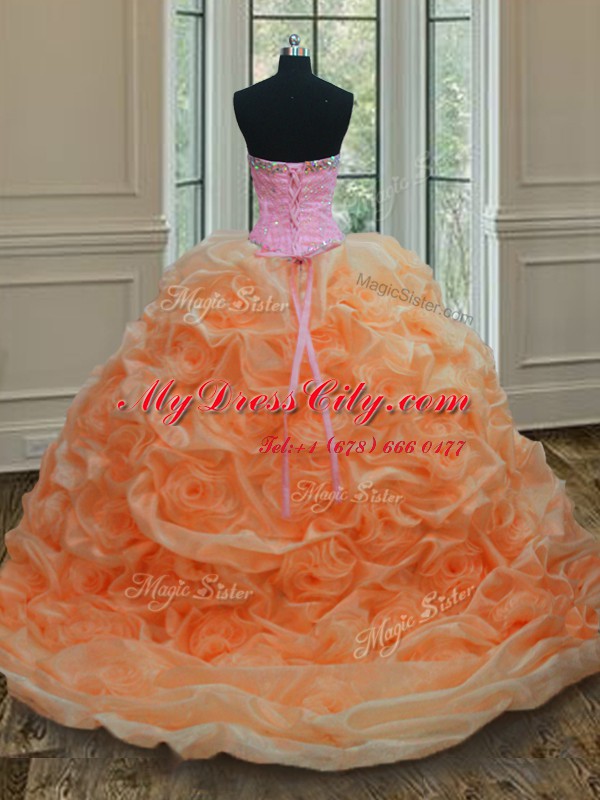 Dramatic Floor Length Orange Sweet 16 Dresses Organza Sleeveless Beading