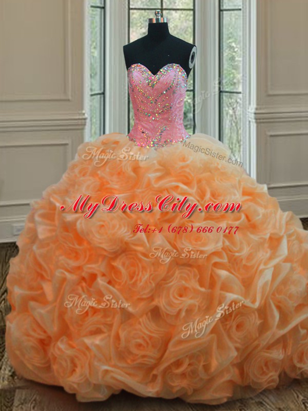 Dramatic Floor Length Orange Sweet 16 Dresses Organza Sleeveless Beading