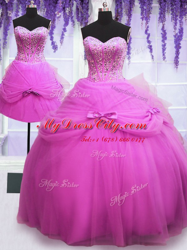 Three Piece Floor Length Lilac Quinceanera Dress Tulle Sleeveless Beading and Bowknot