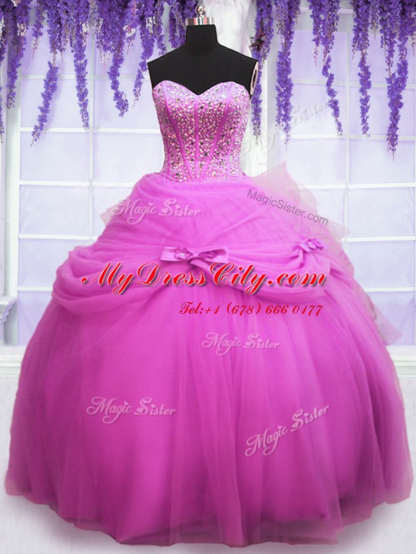 Three Piece Floor Length Lilac Quinceanera Dress Tulle Sleeveless Beading and Bowknot