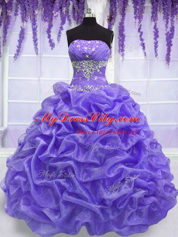 Lavender Quinceanera Gowns Military Ball and Sweet 16 and Quinceanera and For with Beading Strapless Sleeveless Lace Up