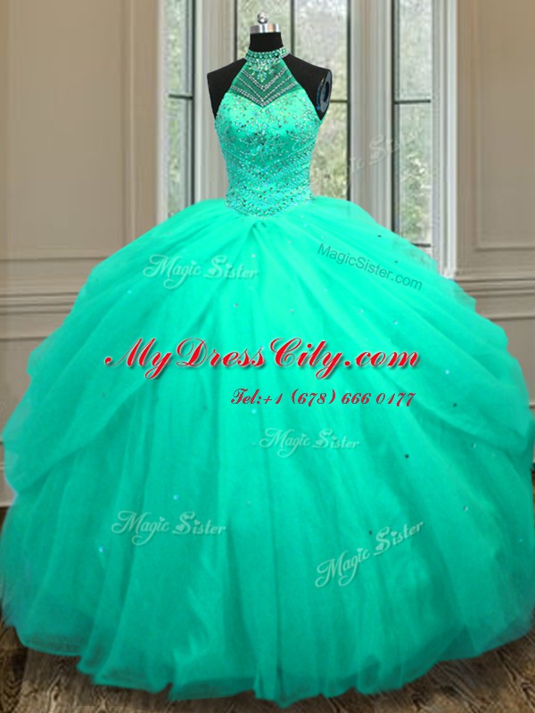 Halter Top Sleeveless Tulle 15 Quinceanera Dress Beading and Sequins Lace Up