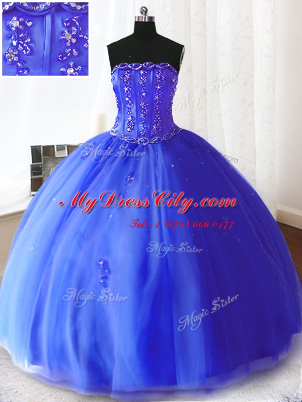 Royal Blue Lace Up Vestidos de Quinceanera Beading and Appliques Sleeveless Floor Length