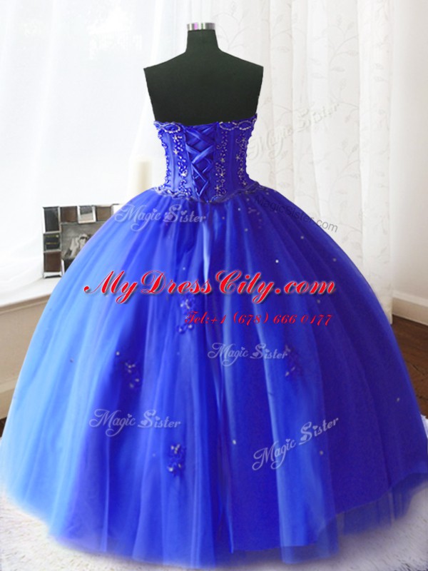 Royal Blue Lace Up Vestidos de Quinceanera Beading and Appliques Sleeveless Floor Length