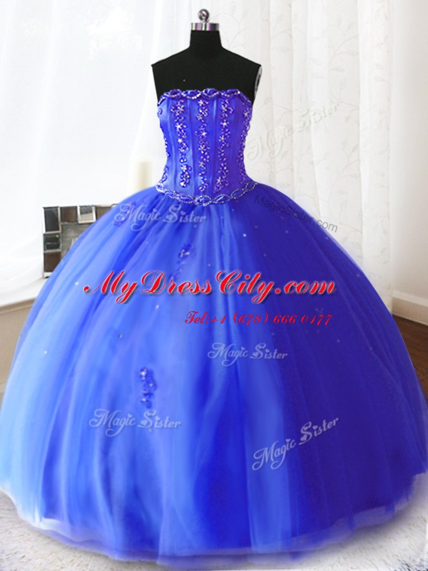 Royal Blue Lace Up Vestidos de Quinceanera Beading and Appliques Sleeveless Floor Length