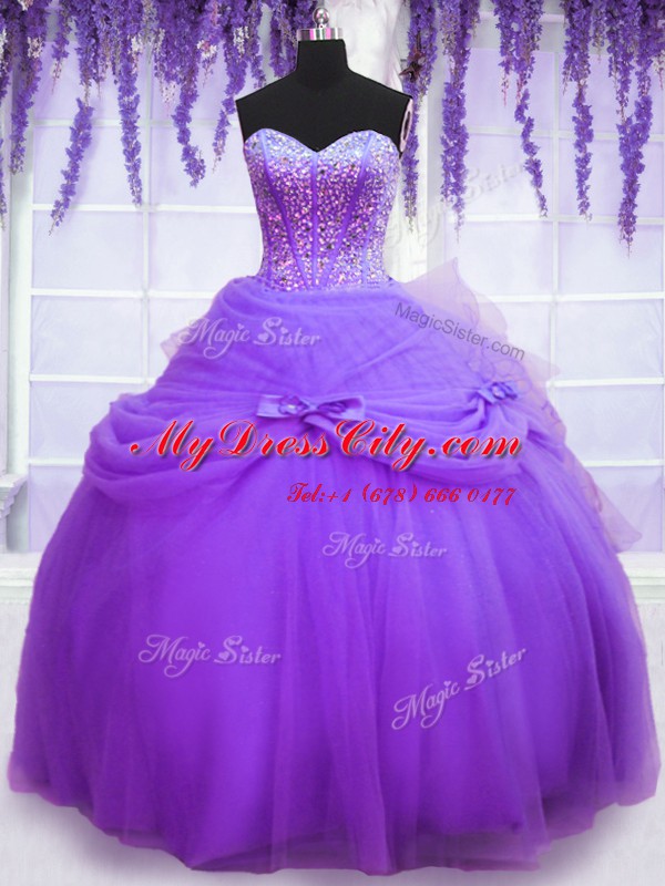 Lavender Sleeveless Beading and Bowknot Floor Length Sweet 16 Quinceanera Dress