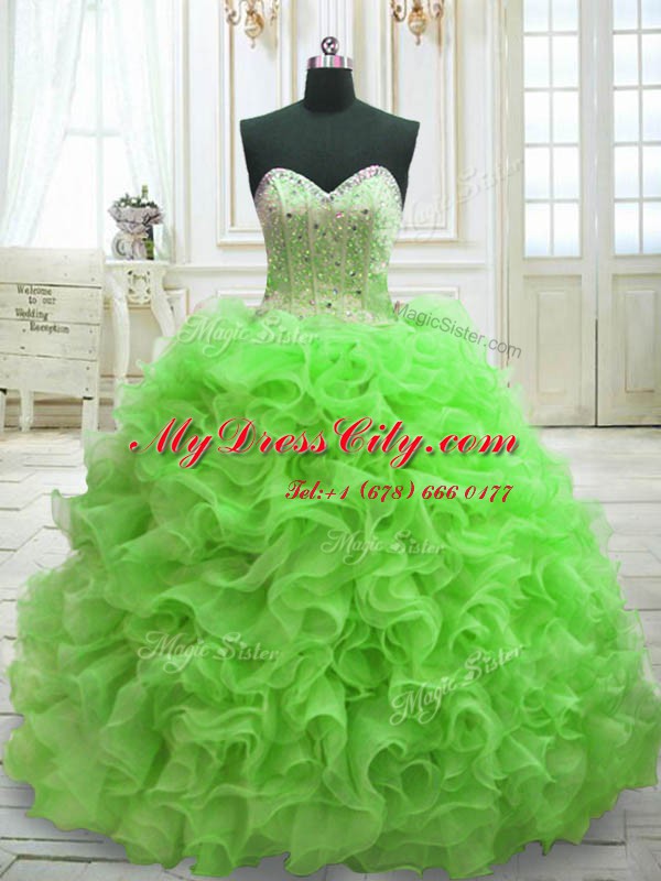 Ideal Sweetheart Sleeveless Organza 15th Birthday Dress Beading and Ruffles Sweep Train Lace Up