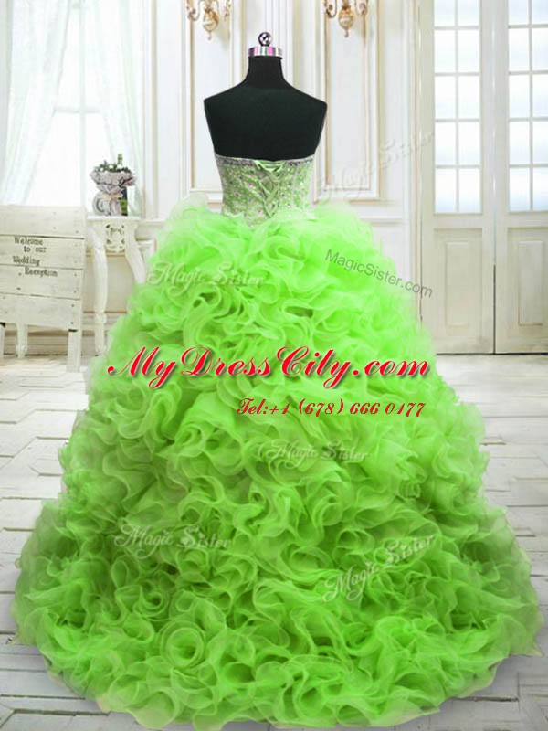 Ideal Sweetheart Sleeveless Organza 15th Birthday Dress Beading and Ruffles Sweep Train Lace Up