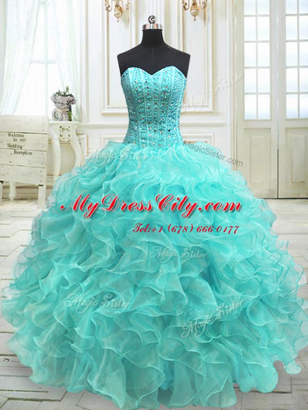 Fancy Aqua Blue Lace Up Sweetheart Beading and Ruffles Sweet 16 Dress Organza Sleeveless