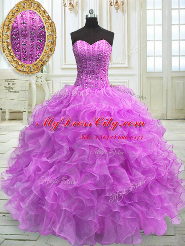 Sumptuous Floor Length Lace Up Sweet 16 Quinceanera Dress Lilac for Military Ball and Sweet 16 and Quinceanera with Beading and Ruffles