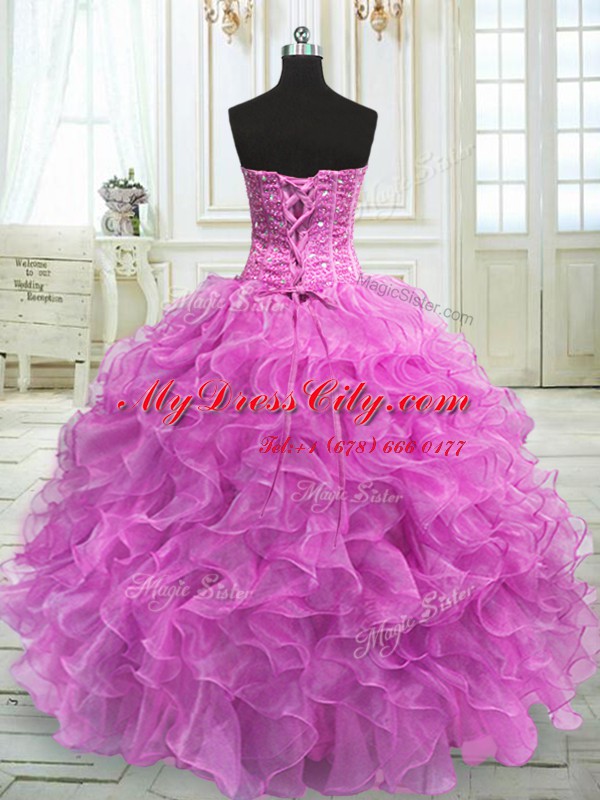 Sumptuous Floor Length Lace Up Sweet 16 Quinceanera Dress Lilac for Military Ball and Sweet 16 and Quinceanera with Beading and Ruffles