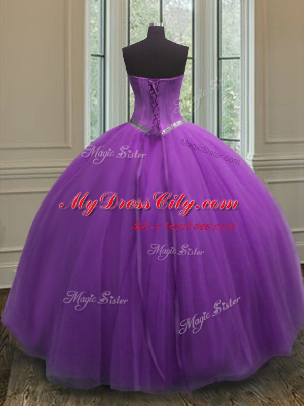 Dramatic Beading Ball Gown Prom Dress Eggplant Purple Lace Up Sleeveless Floor Length