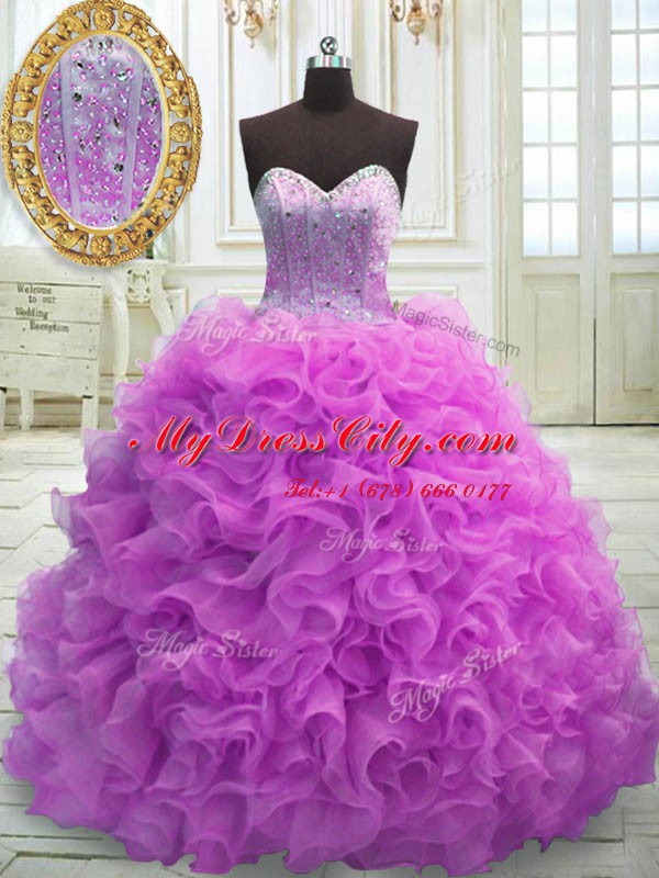 Traditional Lilac Ball Gowns Beading and Ruffles Quinceanera Dress Lace Up Organza Sleeveless