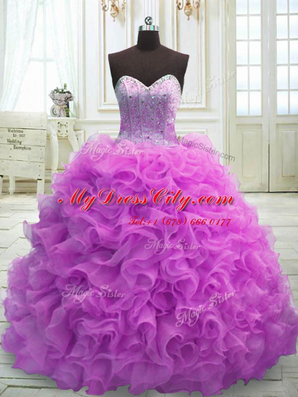 Traditional Lilac Ball Gowns Beading and Ruffles Quinceanera Dress Lace Up Organza Sleeveless