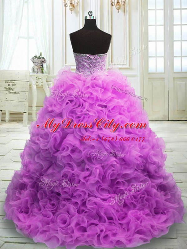 Traditional Lilac Ball Gowns Beading and Ruffles Quinceanera Dress Lace Up Organza Sleeveless