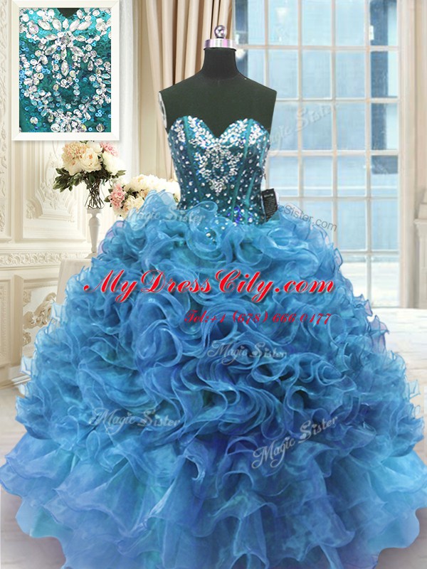 Nice Sleeveless Organza Floor Length Lace Up Quinceanera Gowns in Blue with Beading and Ruffles