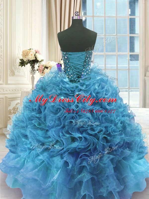 Nice Sleeveless Organza Floor Length Lace Up Quinceanera Gowns in Blue with Beading and Ruffles