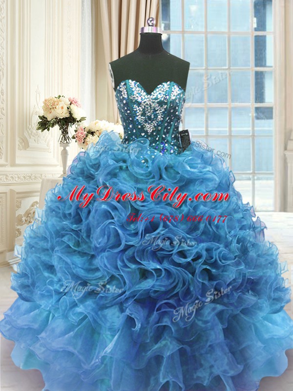 Nice Sleeveless Organza Floor Length Lace Up Quinceanera Gowns in Blue with Beading and Ruffles