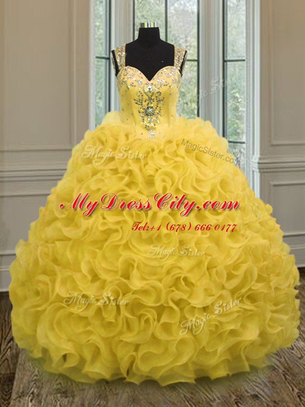 Custom Fit Sleeveless Floor Length Beading and Ruffles Zipper Ball Gown Prom Dress with Gold