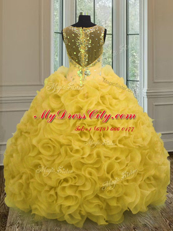 Custom Fit Sleeveless Floor Length Beading and Ruffles Zipper Ball Gown Prom Dress with Gold