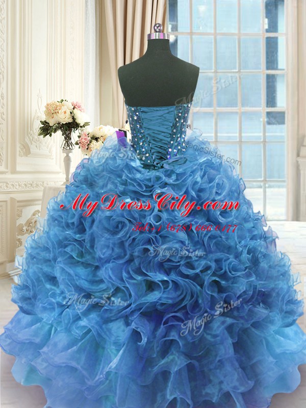 Sweetheart Sleeveless Lace Up Quinceanera Gowns Blue Organza