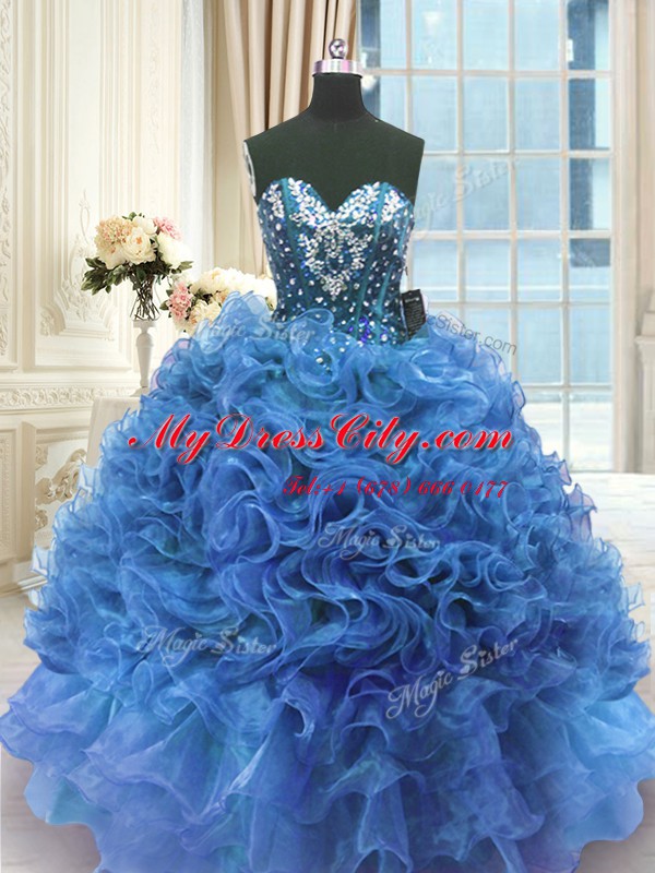 Sweetheart Sleeveless Lace Up Quinceanera Gowns Blue Organza