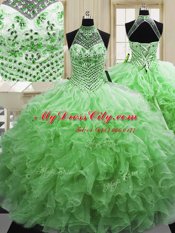 Halter Top Lace Up Vestidos de Quinceanera Beading and Ruffles Sleeveless Floor Length