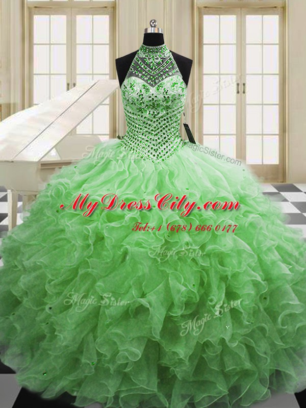 Halter Top Lace Up Vestidos de Quinceanera Beading and Ruffles Sleeveless Floor Length