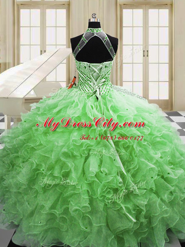 Halter Top Lace Up Vestidos de Quinceanera Beading and Ruffles Sleeveless Floor Length