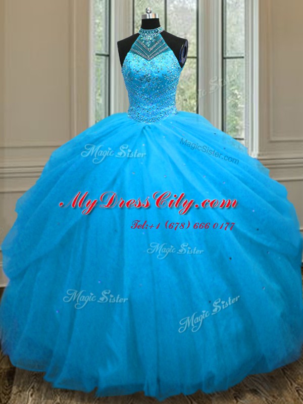 Popular Baby Blue Tulle Lace Up Sweet 16 Dresses Sleeveless Floor Length Beading