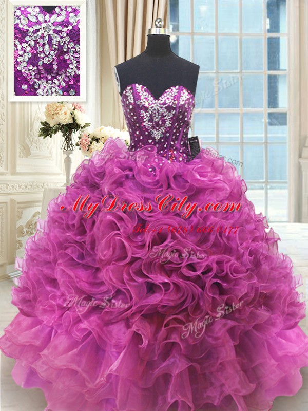 Decent Sleeveless Organza Floor Length Lace Up Quinceanera Dress in Fuchsia with Beading and Ruffles