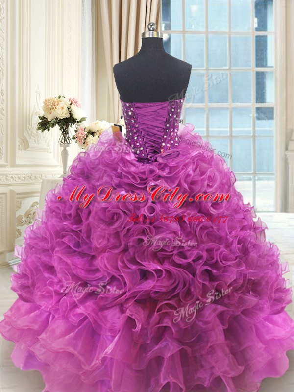 Decent Sleeveless Organza Floor Length Lace Up Quinceanera Dress in Fuchsia with Beading and Ruffles