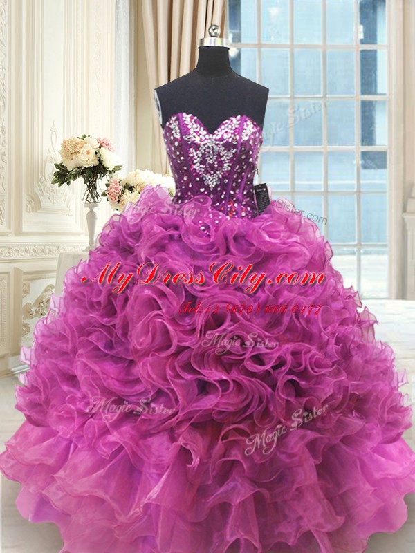 Decent Sleeveless Organza Floor Length Lace Up Quinceanera Dress in Fuchsia with Beading and Ruffles