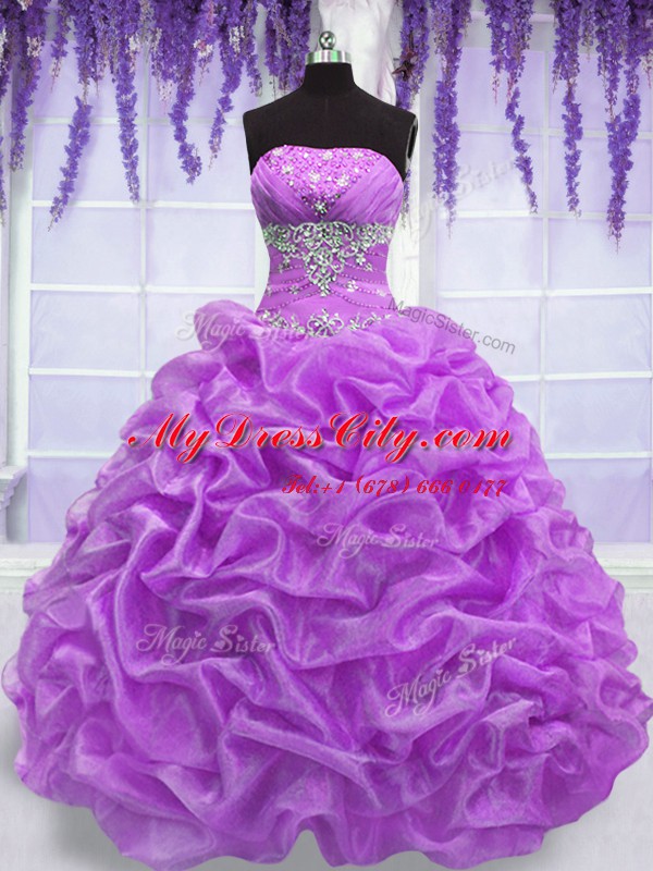 Ideal Lilac Ball Gowns Strapless Sleeveless Organza Floor Length Lace Up Beading Sweet 16 Dresses